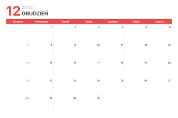 Kalendarz 2025. Tydzień kalendarzowy 2025 zaczyna się w niedziele. Korporacyjny minimalistyczny pusty kalendarz na Grudzień 2025