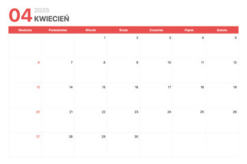 Kalendarz 2025. Tydzień kalendarzowy 2025 zaczyna się w niedziele. Korporacyjny minimalistyczny pusty kalendarz na Kwiecień 2025