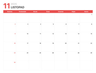 Kalendarz 2025. Tydzień kalendarzowy 2025 zaczyna się w niedziele. Korporacyjny minimalistyczny pusty kalendarz na Listopad 2025