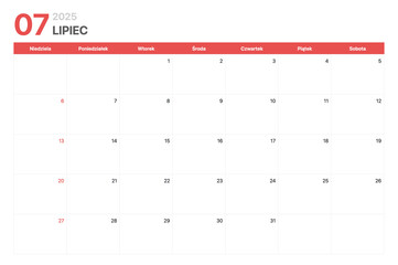Kalendarz 2025. Tydzień kalendarzowy 2025 zaczyna się w niedziele. Korporacyjny minimalistyczny pusty kalendarz na Lipiec 2025