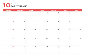 Kalendarz 2025. Tydzień kalendarzowy 2025 zaczyna się w niedziele. Korporacyjny minimalistyczny pusty kalendarz na Październik 2025