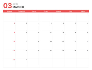 Kalendarz 2025. Tydzień kalendarzowy 2025 zaczyna się w niedziele. Korporacyjny minimalistyczny pusty kalendarz na Marzec 2025