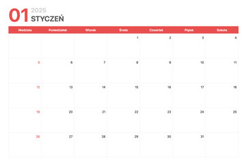Kalendarz 2025. Tydzień kalendarzowy 2025 zaczyna się w niedziele. Korporacyjny minimalistyczny pusty kalendarz na Styczeń 2025