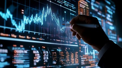 A hand analyzing financial data on a digital screen with graphs and statistics.