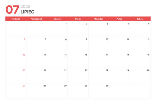 Kalendarz 2025. Tydzień kalendarzowy 2025 zaczyna się w niedziele. Korporacyjny minimalistyczny pusty kalendarz na Lipiec 2025