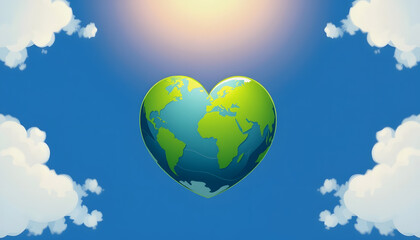 Naklejka premium Heart shaped earth globe on blue background promoting environmental care and sustainability, clipart style, with white tones