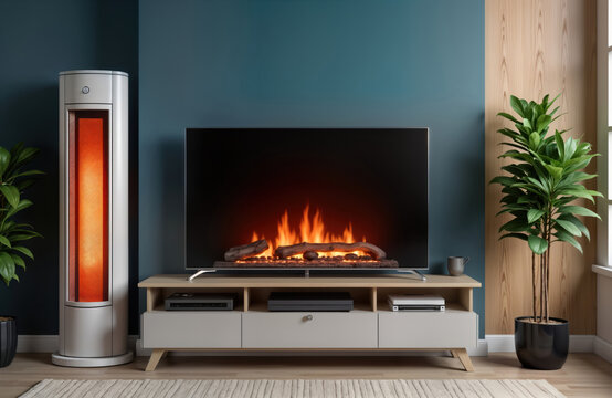 Modern living room with stylish tech heating appliances. Electric infrared heater stands next to tv. Modern electric fireplace displayed on tv screen. Cozy ambiance. Stylish furniture, houseplants