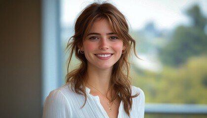 Fototapeta premium A smiling young woman stands in a bright, modern space with greenery outside