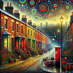 A colorful street scene features rows of houses with bicycles parked along the cobblestone road. An array of glowing, concentric circles decorates the sky in, Northern England, UK  (Gen, A.I.)