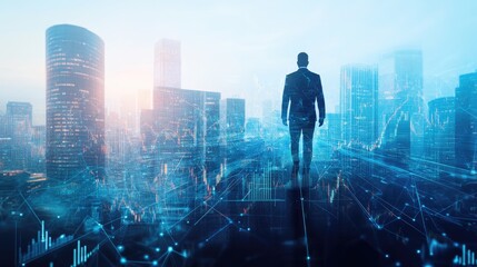 Obraz premium Businessman Silhouette Over Digital Data Cityscape Background