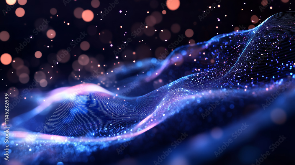 Poster colorful abstract waves with glowing particles in a dark background create a mesmerizing visual effe