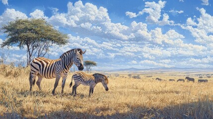 Naklejka premium Zebra mother and foal on the savannah
