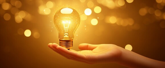 A hand holding a glowing light bulb against a blurred golden background.