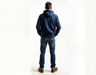 Fototapeta premium Casual man stands against white background. He wears a navy blue hoodie and blue jeans. His posture is confident. He is looking away from the camera. He seems relaxed and ready for action.