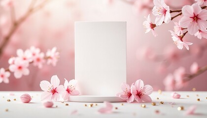 Obraz premium Blank greeting card mockup surrounded by cherry blossoms and decorative elements for spring presentation