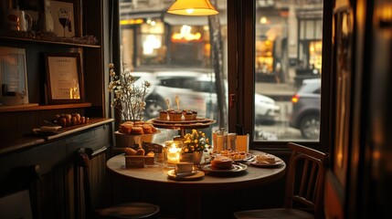 A cozy caf? scene with pastries and drinks, set against a rainy street view.