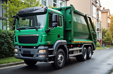 Modern green garbage truck moves along street in urban area. Municipal vehicle collects rubbish in residential neighborhood. Public waste disposal service works efficiently. Transport of garbage part