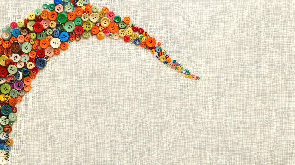 Poster colorful buttons arranged in wave pattern on textured fabric background
