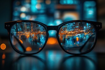 A pair of glasses resting neatly on a modern office desk. A clean and minimalistic workspace for business or study. Ideal for corporate or productivity-themed designs