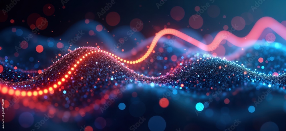 Leinwandbilder Abstract futuristic design. Neon wave lines flow over dynamic background. Bokeh lights create vibrant visual. Data transfer concept. High tech wallpaper. Colorful, glowing pattern. Modern design.