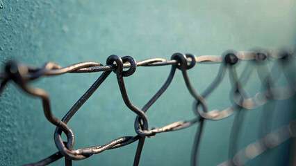 Close-up of chain-link fence with blurred green background