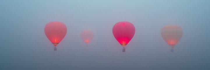 Obraz premium Balloons in vivid colors emerge from dense fog, creating a dreamlike atmosphere