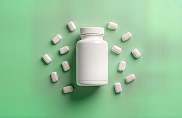 White supplement bottle mockup on green studio background. Blank label for vitamins dietary supplements. Surrounded by small rectangular white pills. Top view flat lay presentation. Trendy product