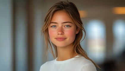 Fototapeta premium Portrait of a young woman with a relaxed expression and natural beauty in soft light