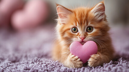 realistic photo a cute ginger kitten holding a pink heart in its paws, set against a soft lavender background