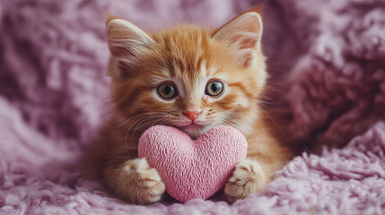 realistic photo a cute ginger kitten holding a pink heart in its paws, set against a soft lavender background