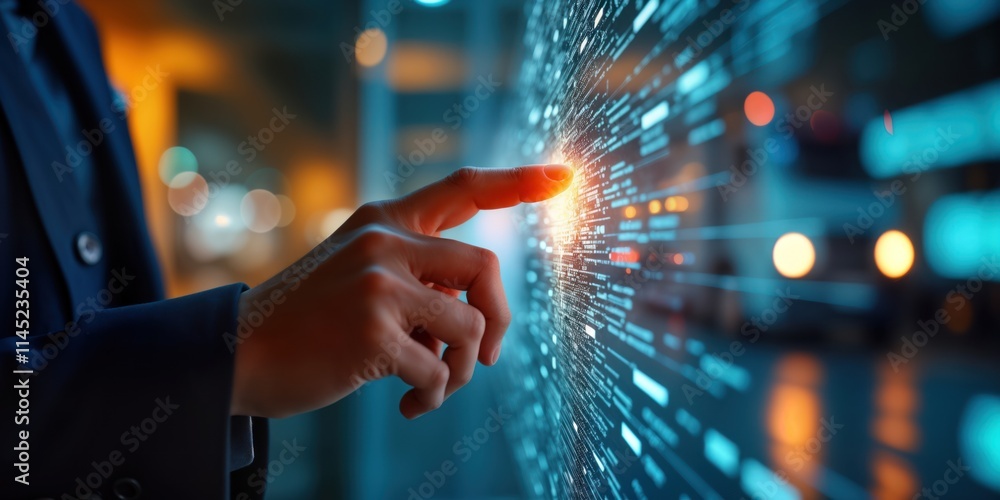 Poster Businessperson interacts with global logistics network interface. Hand touches digital screen displaying data for global supply chain management. Modern tech facilitates efficient distribution. Image