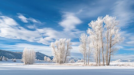 Serene Winter Landscape with Frosted Trees Under Blue Sky
