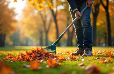 Man rakes fallen leaves in autumn park. Sunlight illuminates colorful foliage. Autumnal park scene. Seasonal park cleaning. Volunteer work. Eco-friendly service. Community effort. Natural beauty.