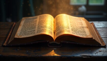 Ancient leather-bound bible dramatically spotlit. Pages open to Genesis. Golden text gleams under ethereal light illuminating weathered parchment. Mystical aura surrounds. Holy scripture. Divine