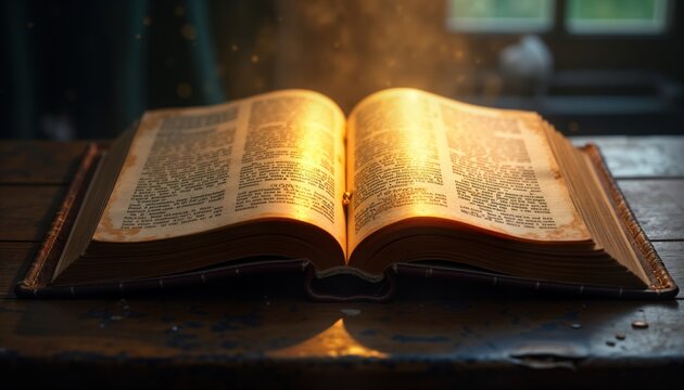 Ancient leather-bound bible dramatically spotlit. Pages open to Genesis. Golden text gleams under ethereal light illuminating weathered parchment. Mystical aura surrounds. Holy scripture. Divine