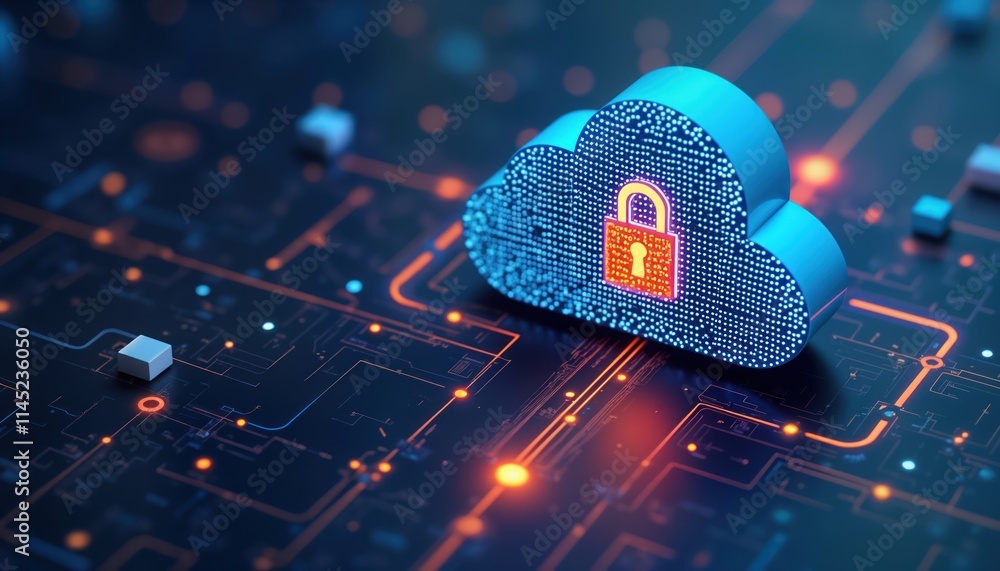 Poster abstract illustration cloud security service. stylized cloud icon integrated with secure padlock sym