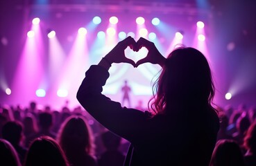 Crowd enjoys vibrant music concert. Silhouette of woman shapes heart with hands. People celebrate music performance. Neon lights illuminate hall. International event atmosphere. Many spectators show