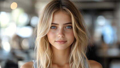 Fototapeta premium Young woman with blonde hair and blue eyes poses in a trendy cafe, exuding charm