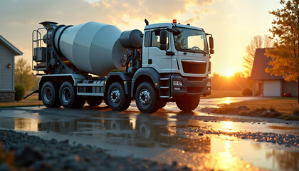 Concrete mixer truck pours wet concrete onto new driveway base. Sunlight shines through truck creating backlit effect. Construction site near residential building. Heavy machinery working on new