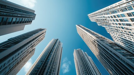 Fototapeta premium Skyscrapers Reaching Towards Blue Sky in Urban Environment