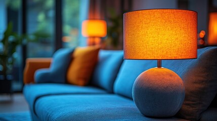 A cozy living room scene featuring a blue sofa and a warm, glowing lamp.