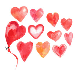 Set of watercolor hearts painted with brushes. Hearts are painted with watercolor brushes. Hand drawn illustration.