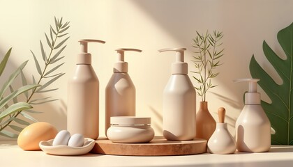 Beige cosmetic bottles, cream jar on wooden tray. Natural, eco-friendly packaging. Sunlight illuminates items. Plants, eggs add touch of nature. Minimalist, sustainable design for luxury beauty