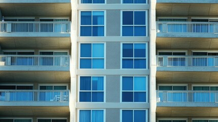 Modern Apartment Building Facade with Blue Glass Windows and Balconies