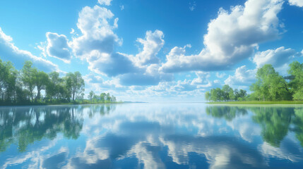 Photorealistic Reflection of Clouds in a Crystal Clear Lake Under Bright Natural Light