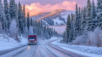 Red truck driving on snowy mountain road at sunrise.