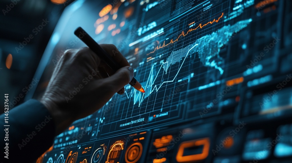 Poster a hand interacts with a digital interface displaying financial data and graphs.