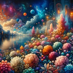 Fototapeta premium A fantastical landscape with vibrant, multicolored foliage stretches alongside a serene body of water, beneath a captivatingly cosmic sky. Spheres and glowing lights add a sense of magic, (Gen, A.I.)