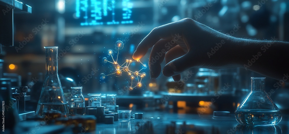 Poster a hand interacts with molecular structures in a laboratory setting.