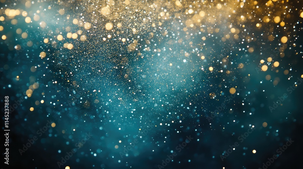 Poster shimmering bokeh background with golden and blue glitter particles